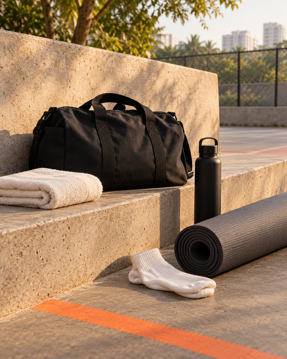 Warm concrete still life of fictional training accessories